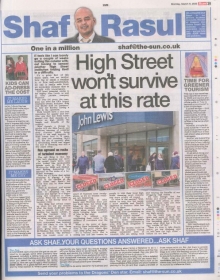 Full-page newspaper column layout with sections: main article on high street retail struggles, a sidebar on eco-tourism, a weep section about Flybe’s collapse, and a laugh section about creative World Book Day costumes.