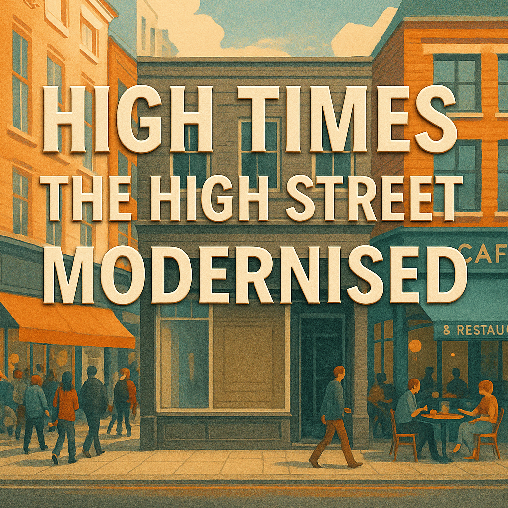 An image with the headline “High Times the High Street Modernised” embossed over visuals of busy shopping streets, empty storefronts, and new cafes and restaurants.