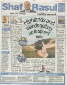 A full-page newspaper scan featuring Shaf Rasul’s column on the importance of connectivity in Scotland’s Highlands and Islands, plus stories on direct Edinburgh-Beijing flights, a humorous Buckfast Abbey row, and the closure of Toys R Us.