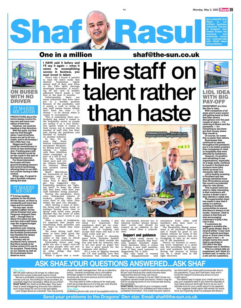 Full-page newspaper scan of Shaf Rasul’s Scottish Sun column discussing recruitment challenges in hospitality, Lidl’s community investment plan, autonomous buses, and ferry infrastructure delays.