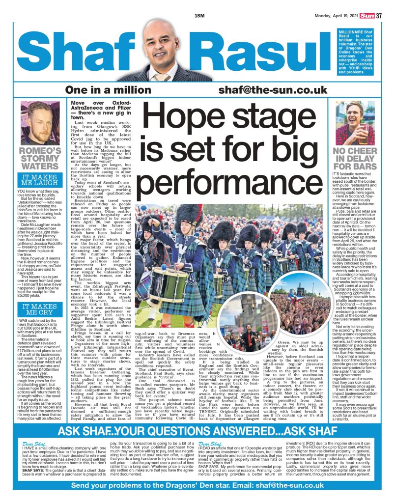 Full newspaper column featuring the return of Scotland’s events sector, vaccine passports, and economic uncertainty in hospitality. Side section on reopening delays, and humorous and emotional anecdotes in the laugh and weep segments.