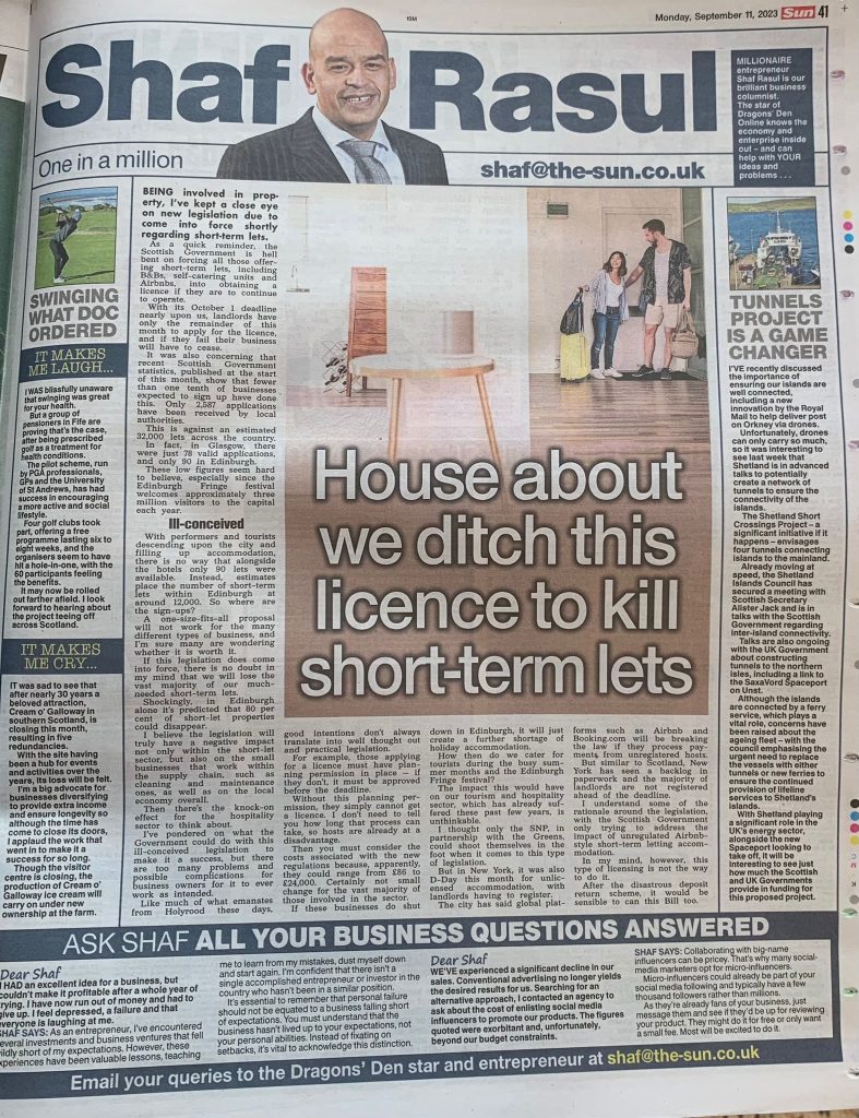 Full-page newspaper layout with a main feature on short-term let licensing, a sidebar on Shetland tunnel plans, humour from golf-playing pensioners, and commentary on a popular attraction closure.