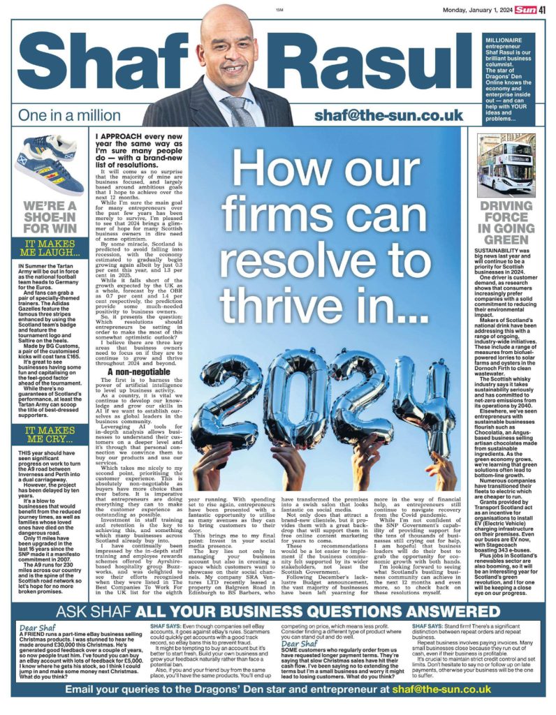 Newspaper layout featuring Shaf Rasul’s business resolutions, sustainability trends, Euros-themed shoes, and A9 infrastructure delays