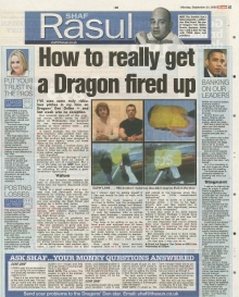 A full-page layout featuring Shaf Rasul’s column on effective pitches, with highlights from Dragons’ Den Online, the importance of serious commitment, and reflections on investment strategy.