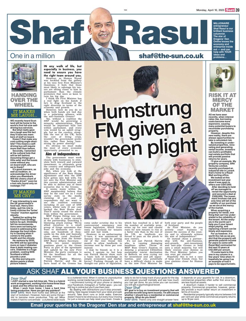 Full-page newspaper column discussing political tensions in the Scottish Government, property investment strategies, tech developments in transport, and public health warnings.