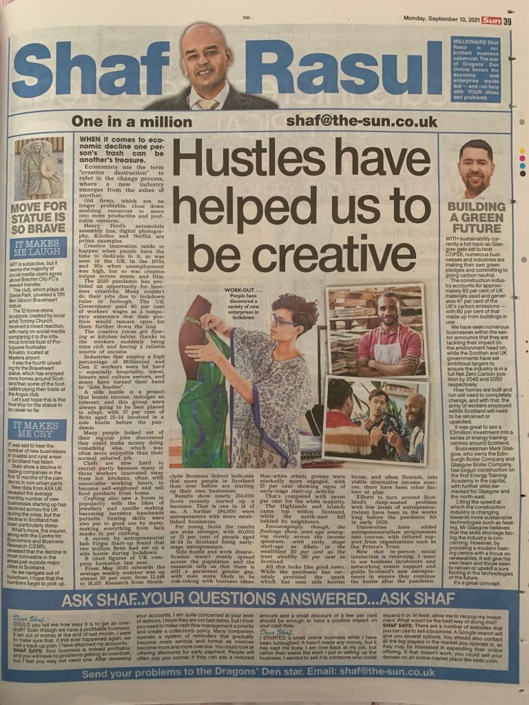 Full-page newspaper layout featuring commentary on side hustle culture, net zero efforts in construction, a controversial Braveheart statue at Brechin FC, and rural business struggles.