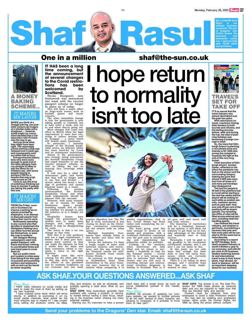 Full-page newspaper scan of Shaf Rasul’s Scottish Sun column covering post-Covid restriction policy, airport job boosts, a Greggs x Primark collaboration, and concerns over parking tax.