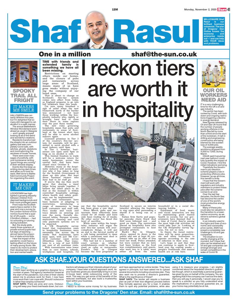 Full-page newspaper column layout featuring main article on hospitality and tiers, sidebar on oil and gas jobs, and light/dark sections on Halloween creativity and youth inequality.