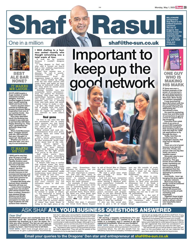 Full-page newspaper column discussing networking advice, a successful hospitality campaign, novelty Scottish beers, and the closure of a long-standing aviation business.