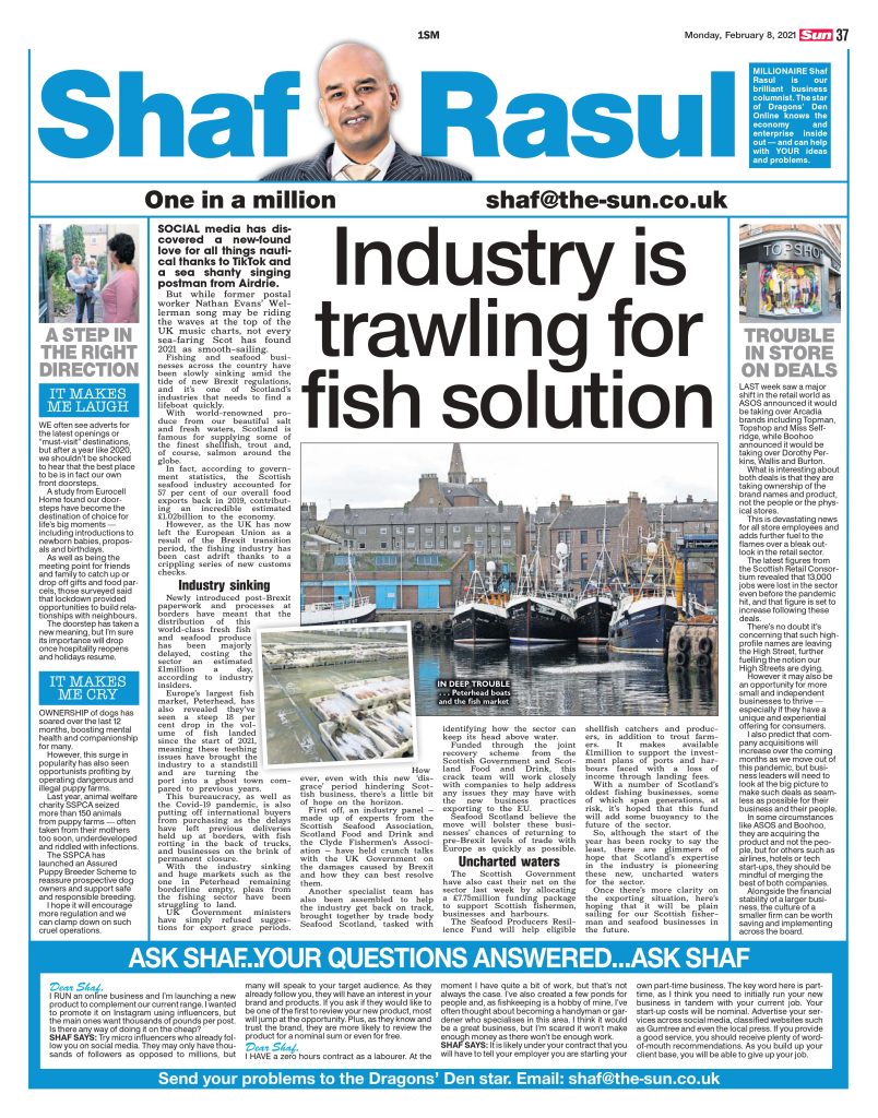 Newspaper column layout featuring main article on Brexit’s impact on Scottish fishing, a sidebar on retail acquisitions, and two short sections titled “It Made Me Laugh” and “It Made Me Weep”