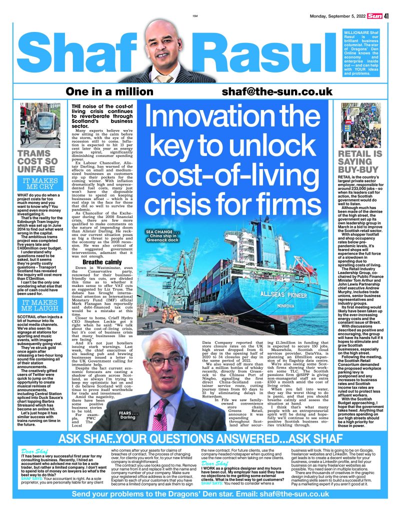 Print layout of Shaf Rasul’s full business column from The Scottish Sun, 5 September 2022.