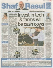 A newspaper page featuring Shaf Rasul’s column about investing in agricultural technology to sustain Scotland’s farming industry, plus notes on supporting over-50s in the workforce, chocolate’s health benefits, and rising mental health challenges at universities.