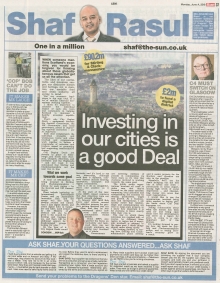 A newspaper scan featuring Shaf Rasul’s column on City Region Deals in Scotland, the impact of Channel 4’s relocation, and issues around shoplifting.