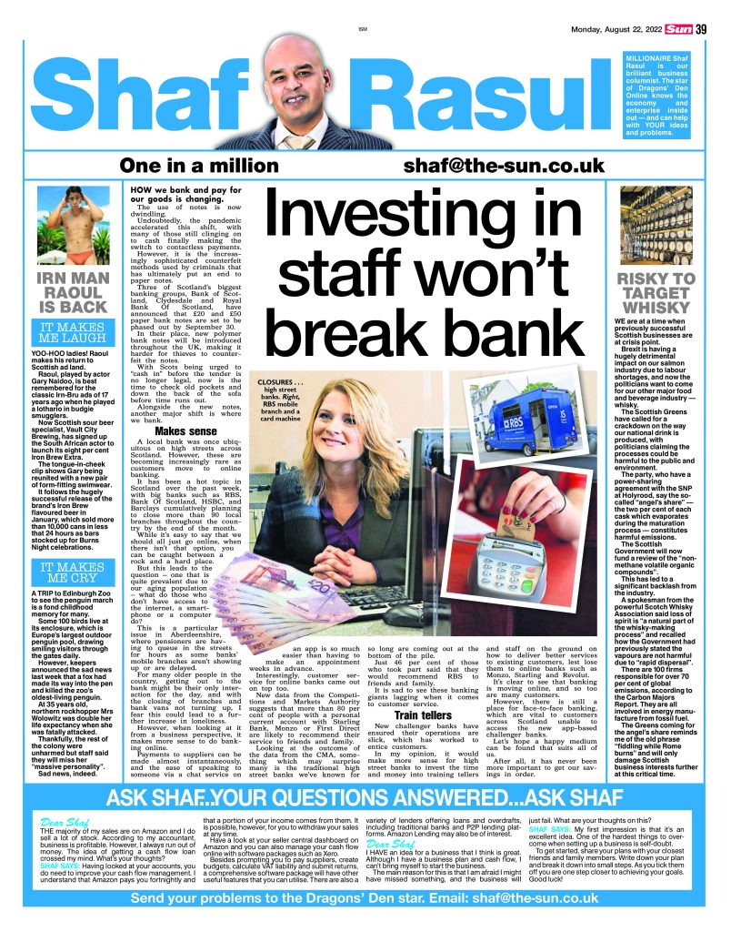 Newspaper layout with column text and images, discussing Scottish banking shifts, whisky production policy scrutiny, a humorous Irn-Bru ad throwback, and Edinburgh Zoo's penguin loss.