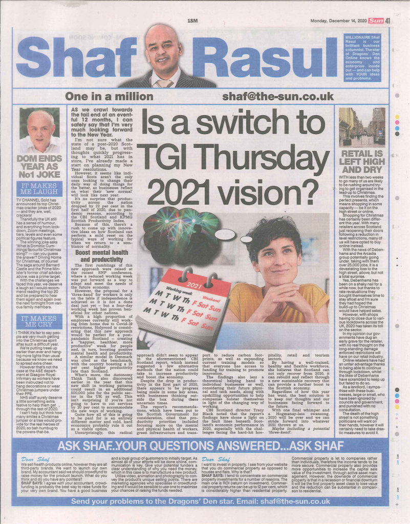 Newspaper column layout on new work week models for 2021, with sections on Christmas retail decline, festive NHS policies, and top cracker jokes.