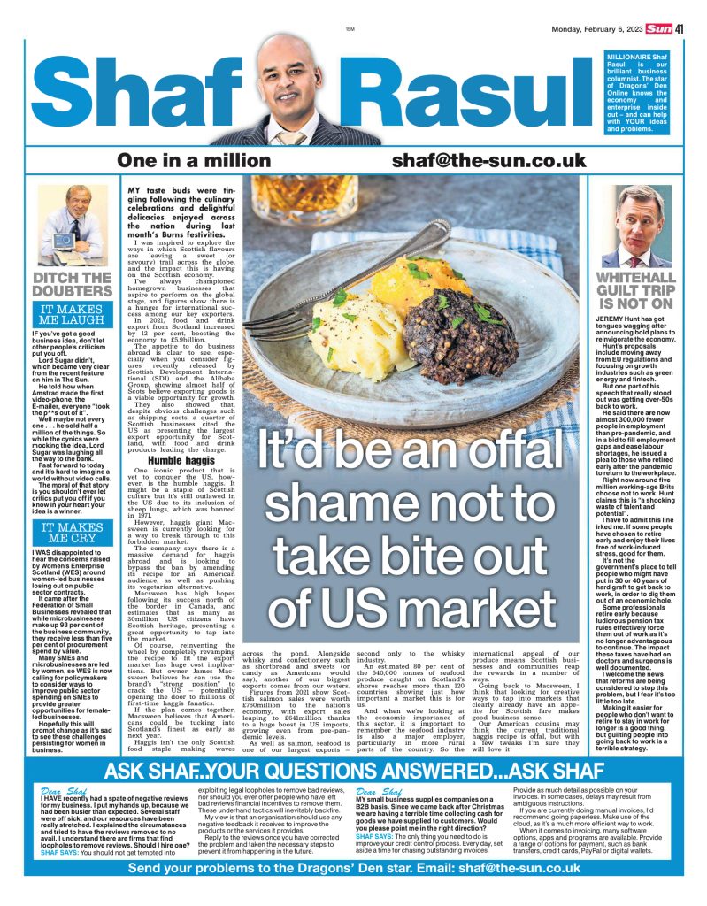 Full-page newspaper column featuring commentary on haggis exports, Jeremy Hunt’s return-to-work proposal, entrepreneurial resilience, and women-led SME procurement.