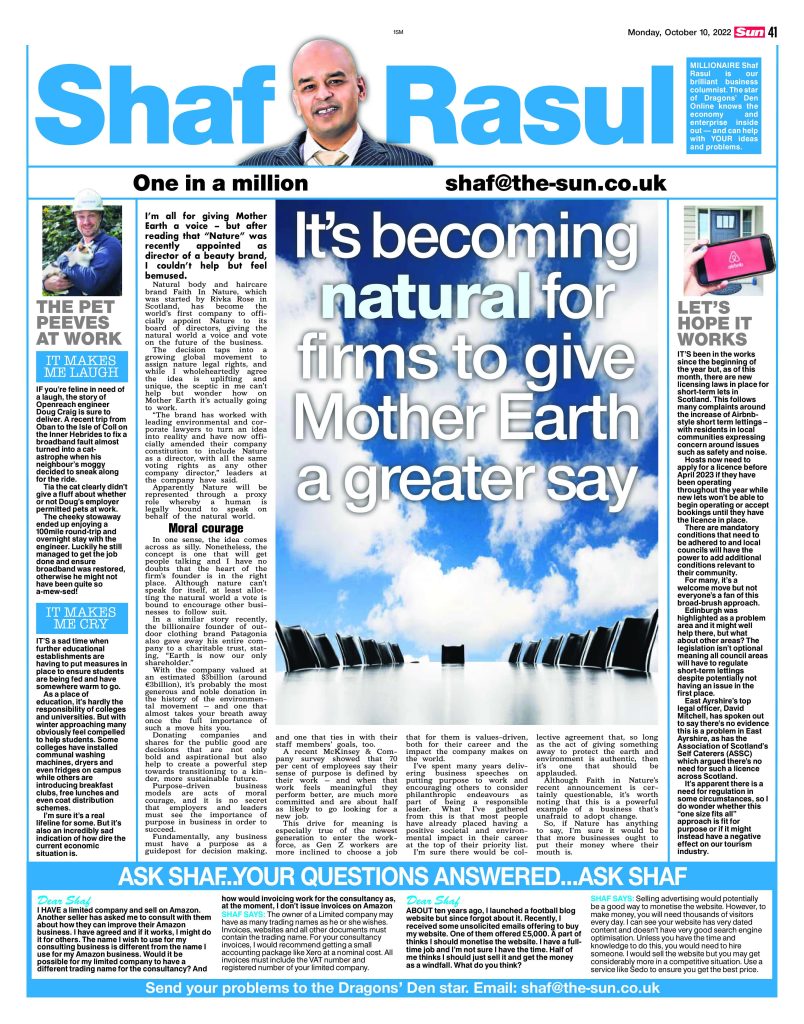 A full-page scan of Shaf Rasul’s newspaper column featuring stories on nature and corporate purpose, Scotland’s short-term lets crackdown, cost-of-living student support, and a viral cat-on-a-boat story.