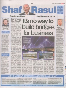 Full-page newspaper column layout with sections: main article on bridge-related issues, a sidebar on business charitable giving, a weep section on Braehead Shopping Centre’s troubles, and a laugh section featuring Kevin Bridges.