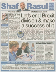 A newspaper page featuring the main column on Brexit and small business growth, side notes on the Scottish baby box scheme, reader Q&A about small business issues, and humorous and serious notes on food waste and Christmas event funding.