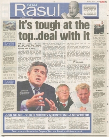 A newspaper scan featuring Shaf Rasul’s column titled “It’s Tough at the Top... Deal with It” with sections on Gordon Brown, workplace pressures, and leadership approaches.