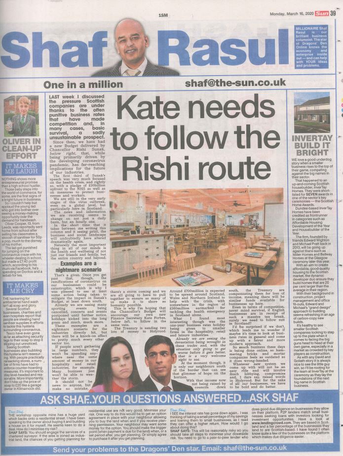 Full-page scan of Shaf Rasul’s Scottish Sun column featuring multiple sections: main article on business rates and coronavirus relief, side piece on InverTay Homes, and humorous and serious observations on public reactions to hygiene products