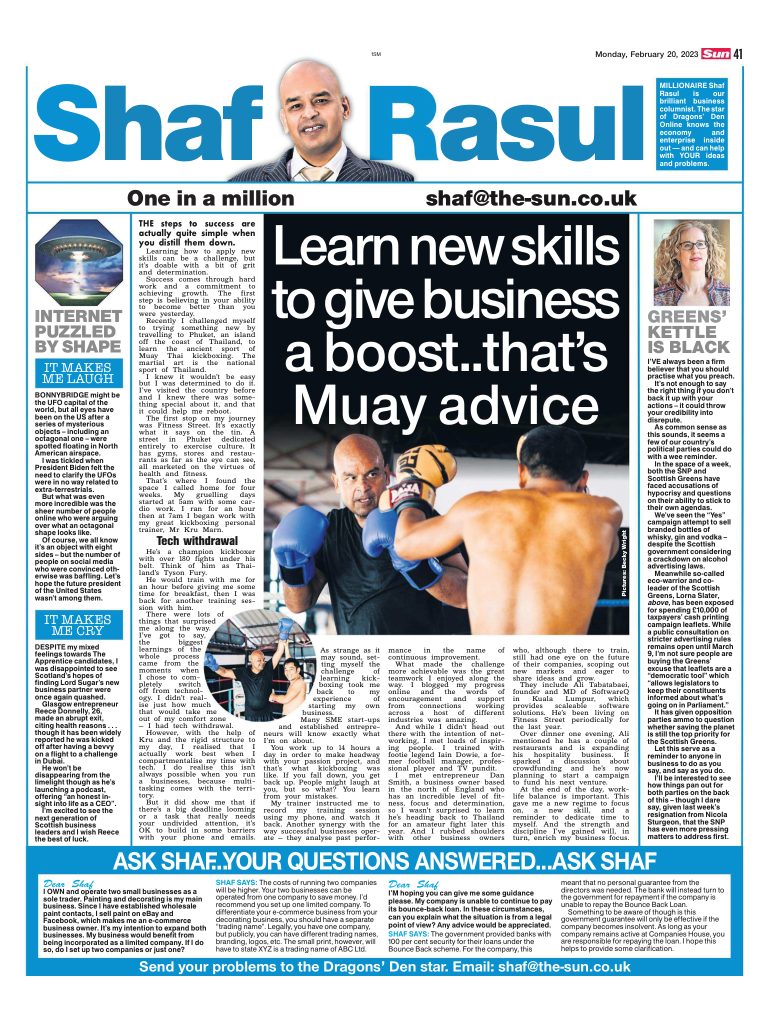 A full-page column layout with features on Muay Thai lessons in business, Scottish political hypocrisy, UFO sightings, and The Apprentice exit.