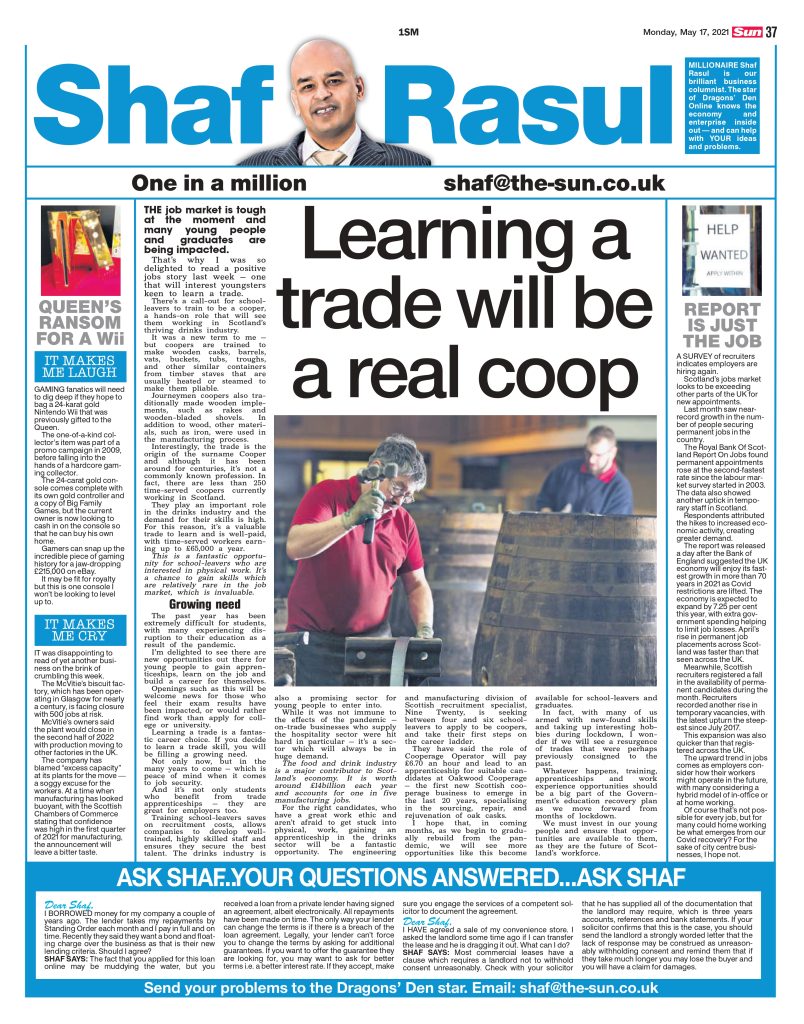 Newspaper page featuring Shaf Rasul’s column on trade apprenticeships, Scotland’s job recovery, a golden Wii, and McVitie’s factory closure.