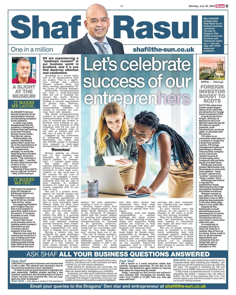 Full-page layout with Shaf Rasul’s lead article on the rise of women in Scottish entrepreneurship, a side on FDI rankings, and light/hard opinion sections.