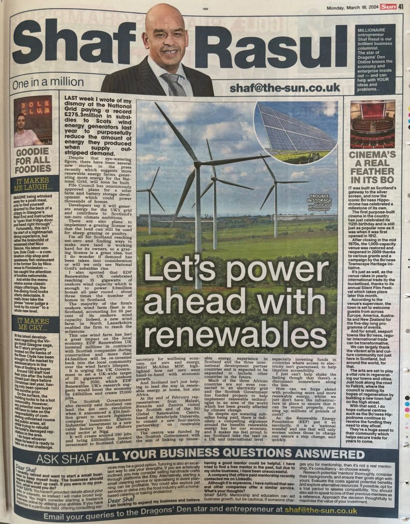 Full newspaper column layout featuring editorial on Scotland’s renewable energy growth, a cultural sidebar about Bo’ness cinema, a humorous secret chip shop dining story, and a somber report on the Virgin Hotel Glasgow closure.
