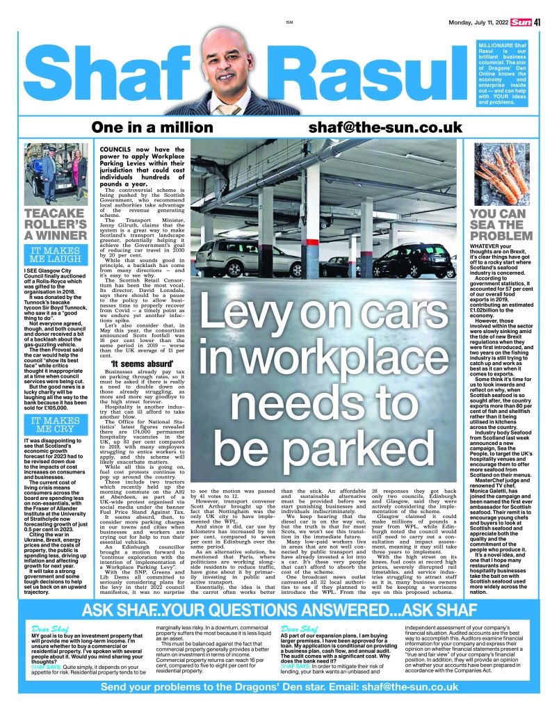 Full-page newspaper column discussing the Workplace Parking Levy, the future of Scotland’s seafood sector, council auction news, and reduced economic forecasts.