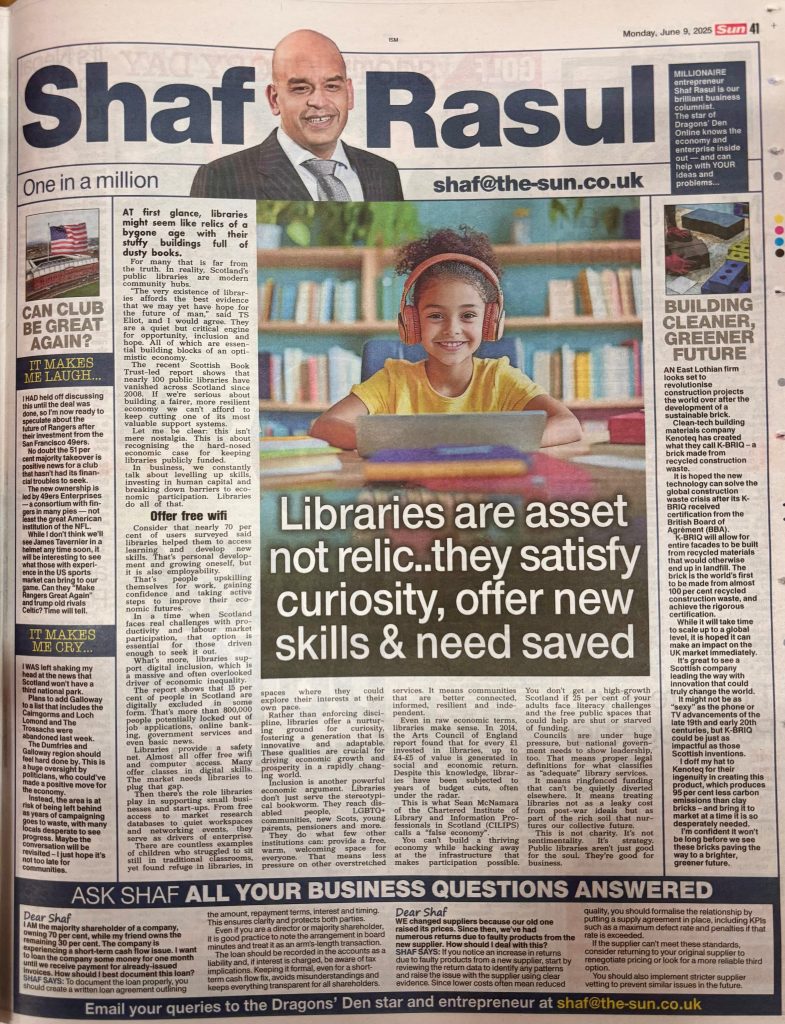 Column titled “Libraries Are Asset Not Relic... They Satisfy Curiosity, Offer New Skills & Need Saved,” arguing the case for sustained public funding for Scotland’s libraries