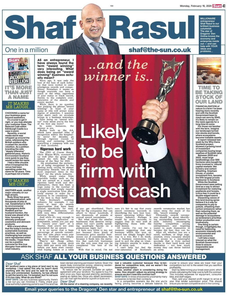 Full-page column layout featuring main article on awards credibility, sidebar on nature and land ownership, a humorous name controversy, and sad retail closure news.