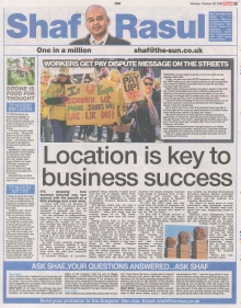 Scan of Shaf Rasul’s Scottish Sun column on the importance of location for business success, featuring commentary on strikes, drones, and Nick Clegg’s Facebook job.