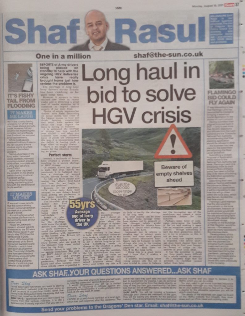 Full-page scan showing the layout of Shaf Rasul’s column in The Scottish Sun, featuring articles on HGV driver shortages, Flamingo Land's Loch Lomond proposal, a local mermaid sighting, and Scotch whisky export losses.