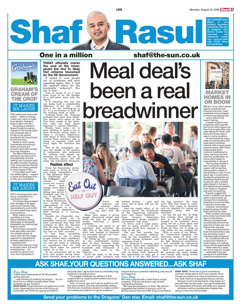 Full-page scan of Shaf Rasul’s column reflecting on the success of Eat Out to Help Out and the property market rebound