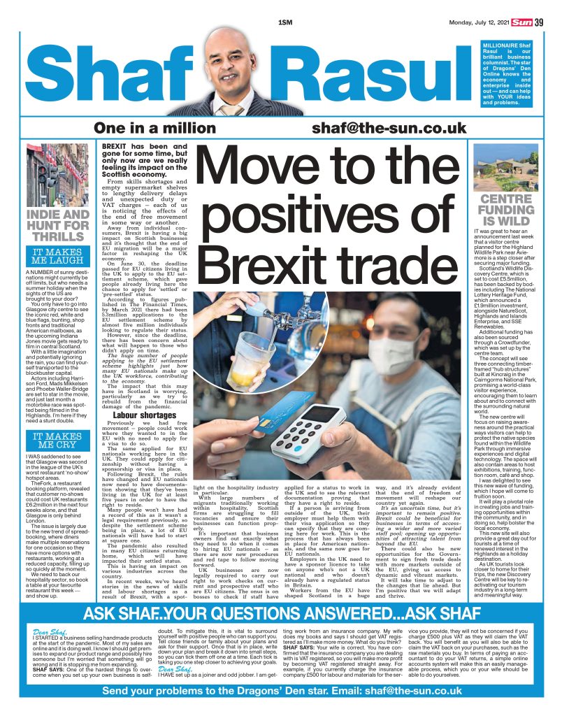 Full-page column with focus on Brexit’s business impact, Highland Wildlife Discovery funding, Glasgow’s turn as a movie set, and restaurant no-show woes.
