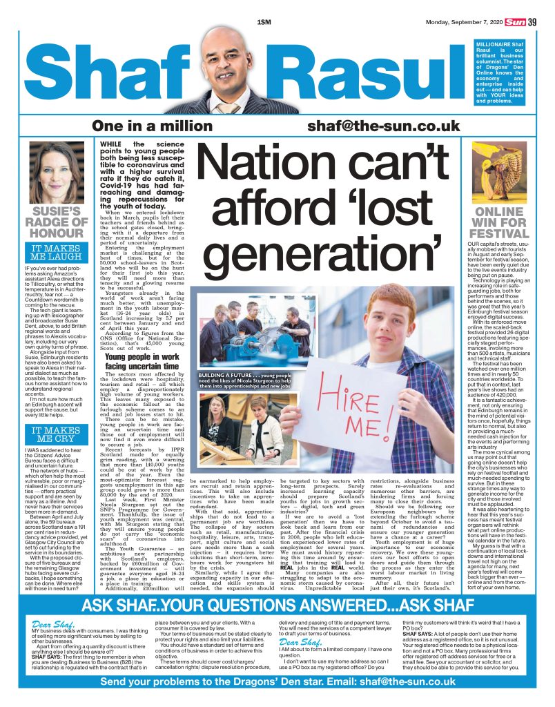 Full-page scan of Shaf Rasul’s column discussing Scotland’s youth unemployment crisis and digital success of Edinburgh’s online festival