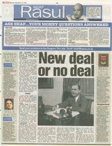 A newspaper page layout featuring a main column titled "New Deal or No Deal" with a historical photo of Franklin D. Roosevelt, plus sidebars on other topics like music and local issues.