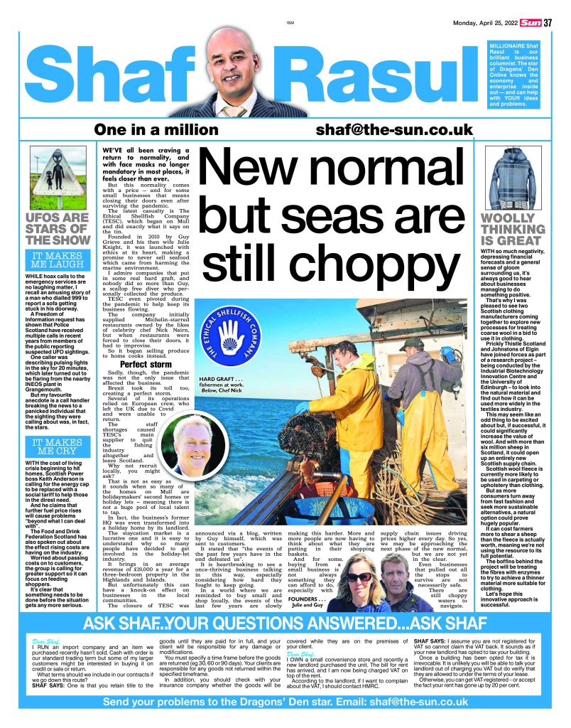 Full-page scan of Shaf Rasul’s column covering the closure of The Ethical Shellfish Company, wool industry innovation, UFO-related police calls, and the worsening cost-of-living crisis.