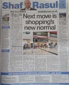 A full-page newspaper scan featuring Shaf Rasul’s column with sections on Debenhams’ administration, Next’s beauty hall expansion, carbon emission reductions, fast food re-openings, and NHS staff discrimination.