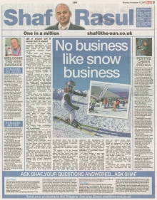 A full-page newspaper scan featuring Shaf Rasul’s column on the economic impact of snow for Scottish ski resorts, plus stories on Christmas markets, quirky sausage art, and pension worries.