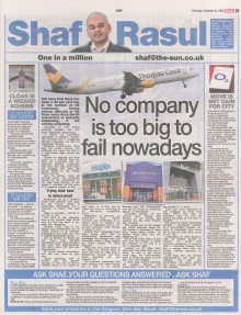 A newspaper column layout featuring the headline “No company is too big to fail...,” with sections on Brexit’s impact on UK businesses, Scotland’s employment rate drop, the launch of 5G in Edinburgh, and a humorous piece on Poundland’s invisible cloaks.