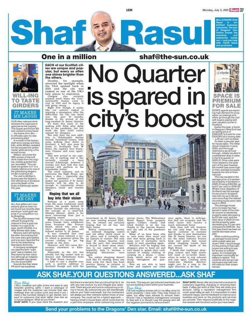 Full-page column discussing St James Quarter launch, rising house prices, Irn-Bru royal visit, and BrewDog prize backlash.