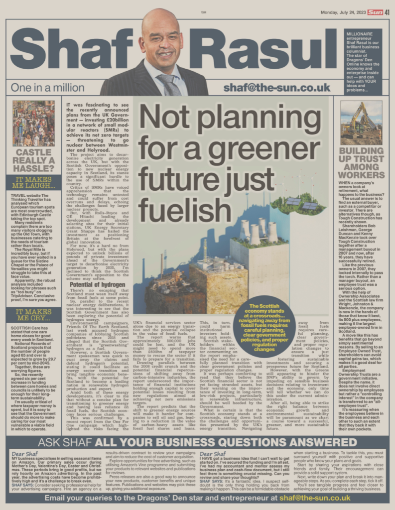 Full-page newspaper column analysing Scotland’s reluctance toward nuclear power, rising hydrogen lobbying, and the critical need for strategic planning during the energy transition.