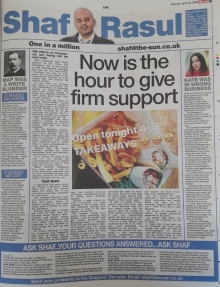 Full-page newspaper column layout with sections: main article on supporting local businesses, a sidebar on Scottish Government grant confusion, a weep section on care home deaths, and a laugh section on literary map missteps.