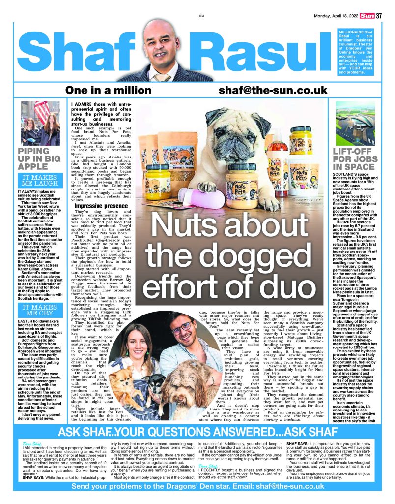 Full-page scan of Shaf Rasul’s Scottish Sun column highlighting a successful pet food startup, Scotland’s space industry, New York’s Tartan Week, travel disruptions, and property Q&A.