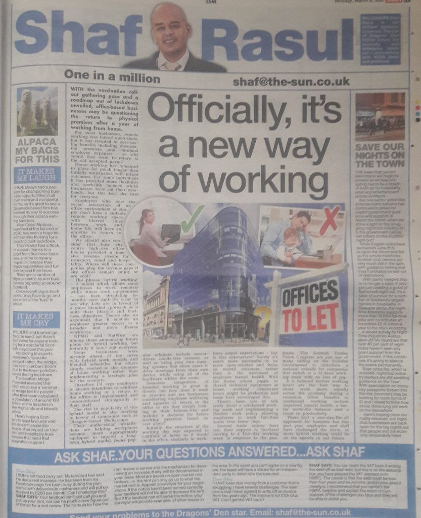 Full-page newspaper column featuring main article on hybrid working and work-life balance, a sidebar on nightclub industry struggles, and short segments titled “It Made Me Laugh” and “It Made Me Weep”