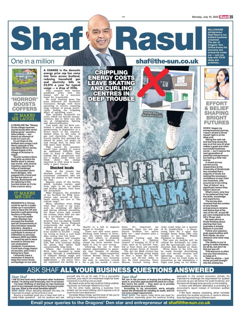 A full-page newspaper column discussing the impact of energy price hikes on Scottish ice rinks, entrepreneurial anxiety in young Scots, and lighter cultural news from Black Mirror filming in Arrochar.