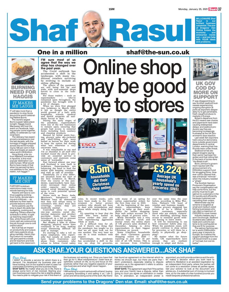 Newspaper column exploring the pandemic’s push toward online grocery shopping, Brexit-related seafood export chaos, global Burns Night celebrations, and the pressures of homeschooling during lockdown.