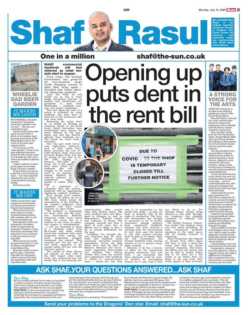 Newspaper layout with Shaf Rasul’s commentary on rent challenges during reopening, sidebar on music venue funding, and light-hearted and serious takes on beer gardens and public safety